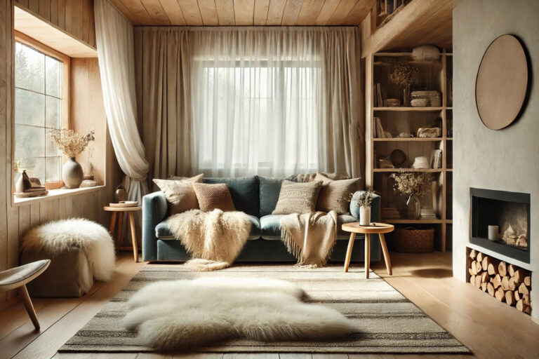 Warm and inviting Scandinavian living room interior featuring multiple textures including sheepskin, velvet, and wood, bathed in natural light from large windows.