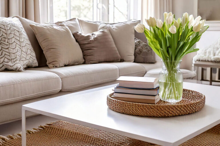 Bright spring coffee table decor featuring fresh tulips and styled books on white table