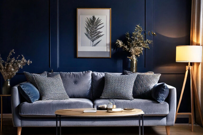 Cozy living room with deep winter color scheme featuring navy walls and charcoal furniture