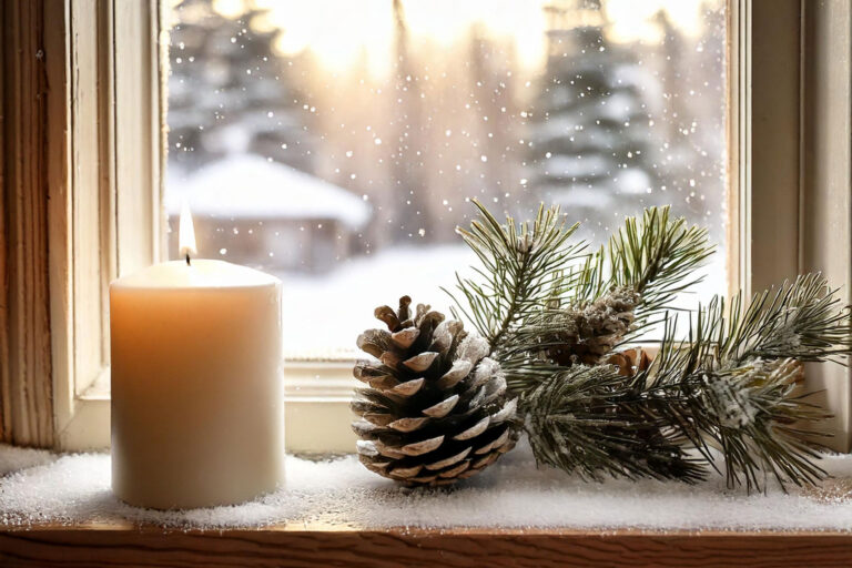 Minimalist windowsill winter vignette with pinecone and candle