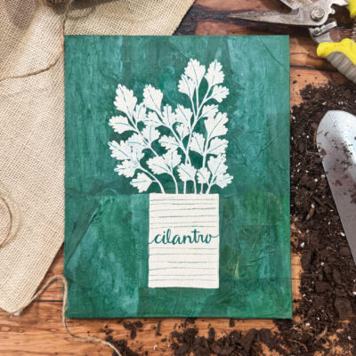 Original handcrafted mixed media cilantro artwork featuring green colorblock design and cream botanical details