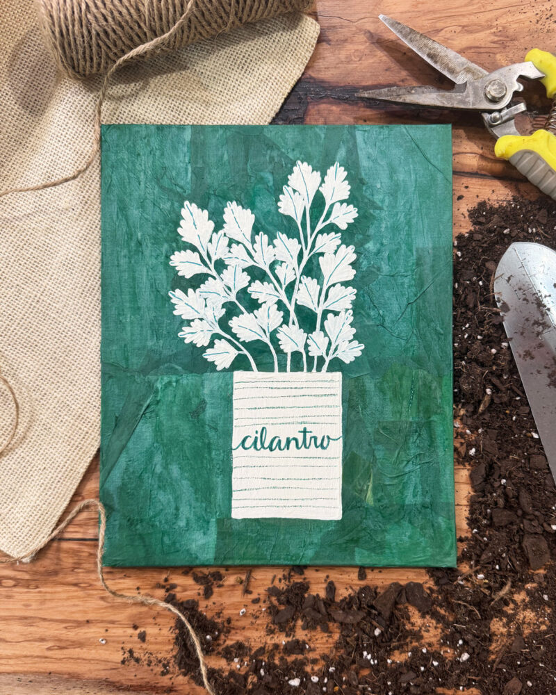 Original handcrafted mixed media cilantro artwork featuring green colorblock design and cream botanical details