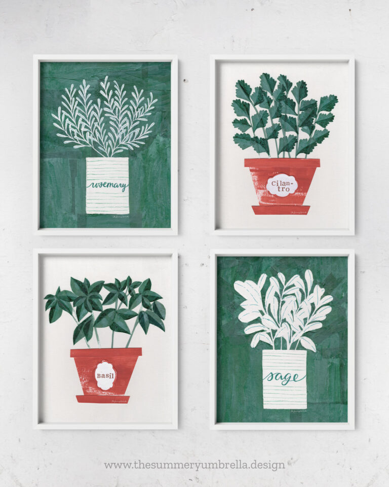 collection of four herb art prints