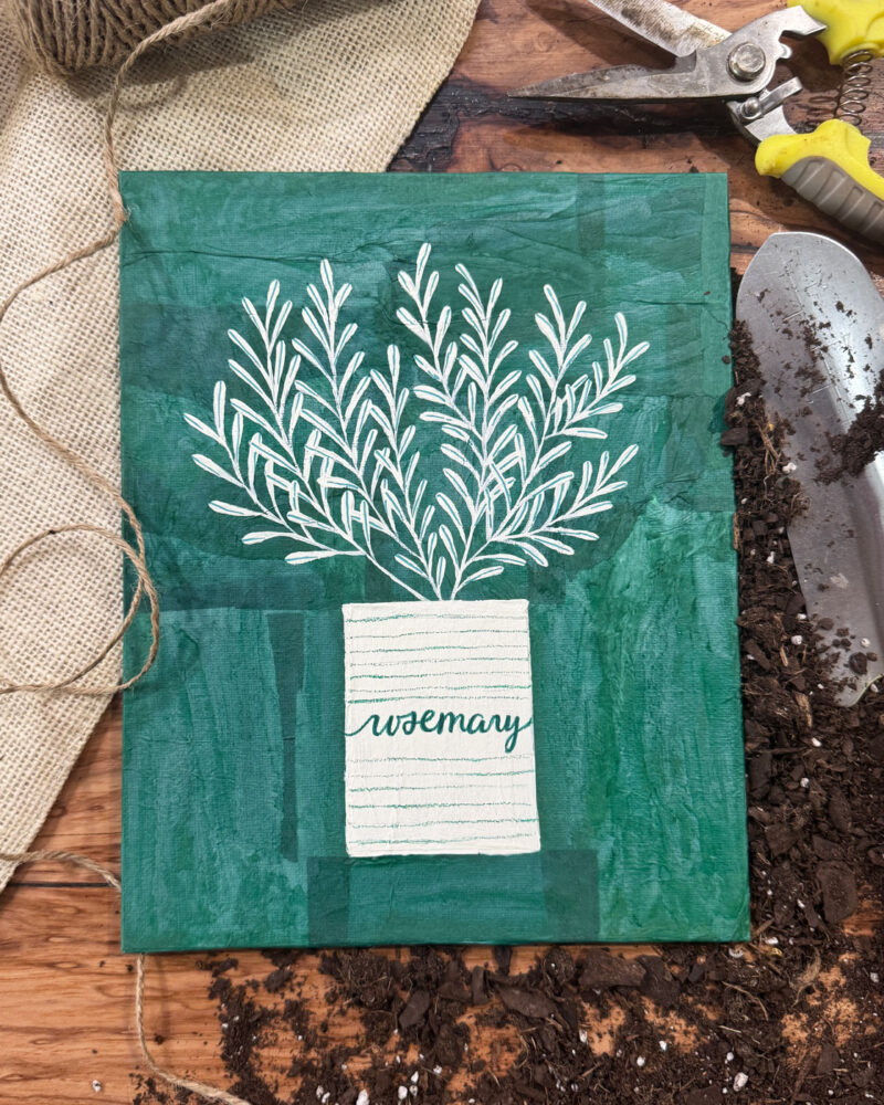 Original handcrafted mixed media rosemary artwork featuring green colorblock design and cream botanical details