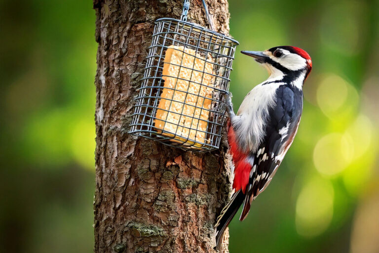 Woodpecker eating from suet feeder on tree trunk