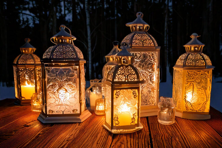 Assorted ice lanterns on wooden table creating cozy winter ambiance