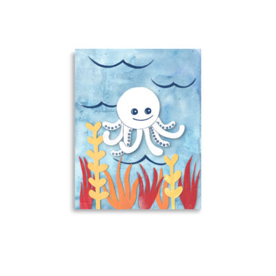 Handcrafted octopus wall art created with layered painted papers and recycled materials