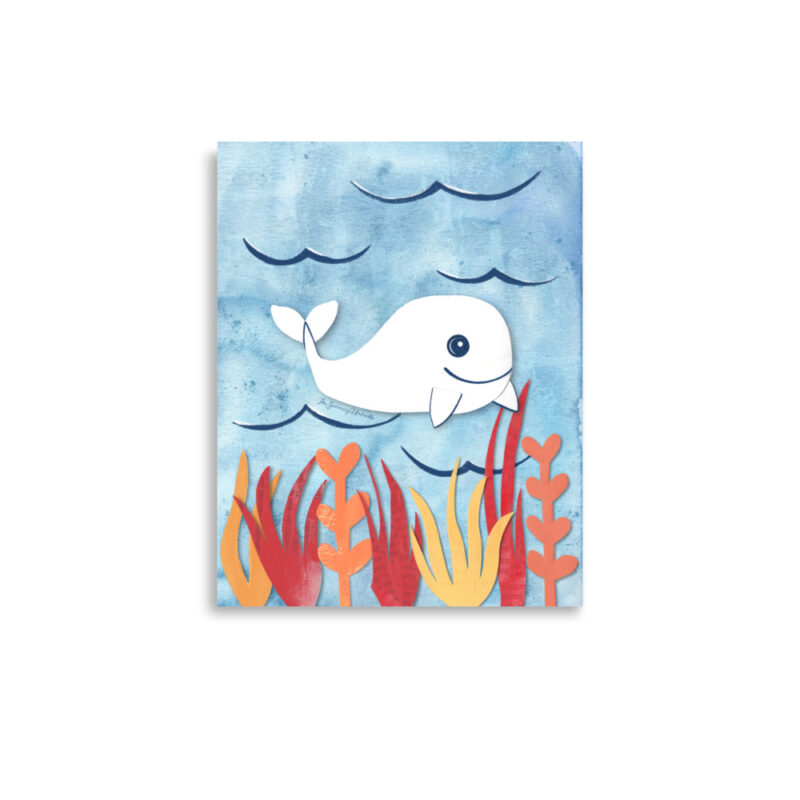 Handcrafted whale wall art created with layered painted papers and recycled materials