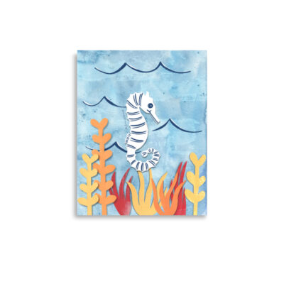 Handcrafted seahorse wall art made with painted papers and recycled materials