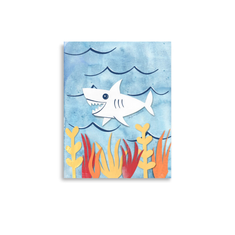 Mixed media shark nursery print showing playful details and friendly expression