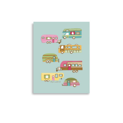 vintage campers with unique designs hand drawn in crayon and digitized against a soft seafoam green background