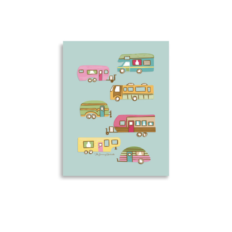 vintage campers with unique designs hand drawn in crayon and digitized against a soft seafoam green background