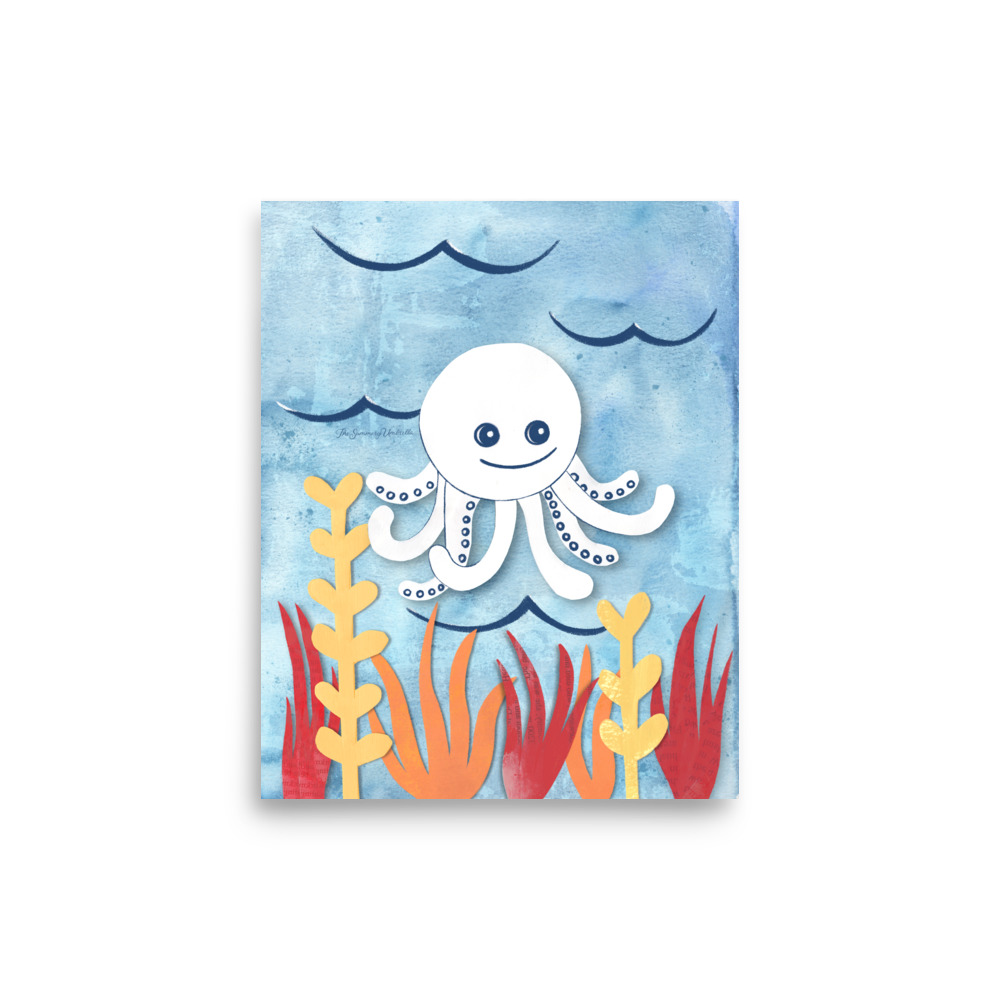 Octopus nursery art print featuring a whimsical collaged octopus in blue and teal recycled papers