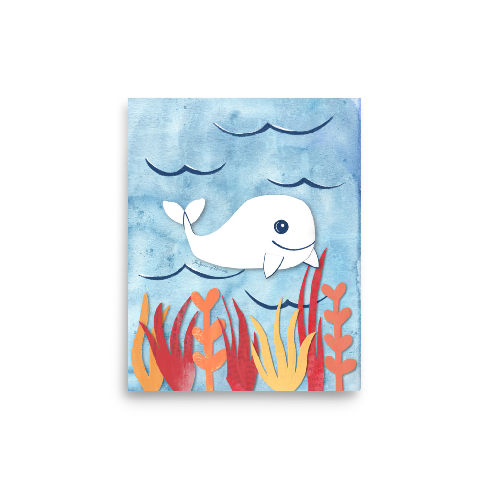 Whale nursery art print featuring a gentle collaged whale in blue tones