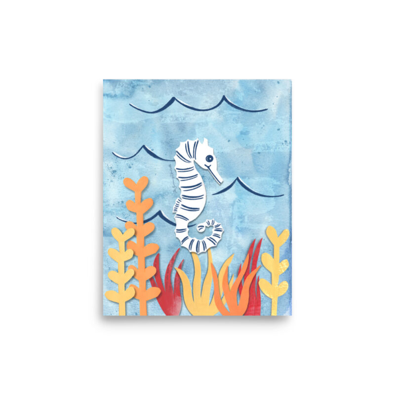 Seahorse nursery art print featuring a delicate collaged seahorse in mixed papers