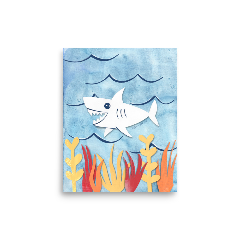 Shark nursery art print featuring a friendly collaged shark in mixed papers