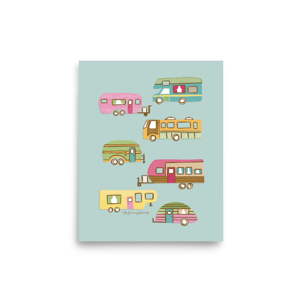 Seven retro campers with unique designs hand drawn in crayon and digitized against a soft seafoam green background - Seafoam Vintage Camper Art Print