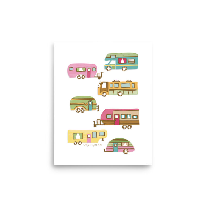 Seven detailed vintage camper drawings digitally rendered against a clean white background - White Vintage Camper Art Print