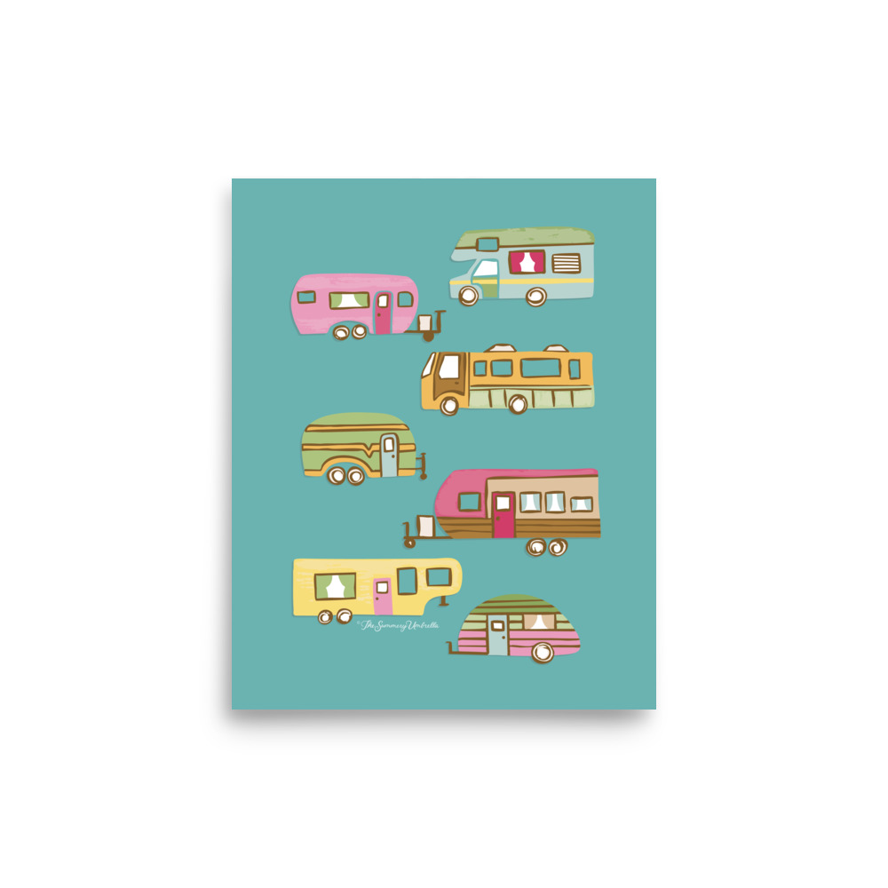 Seven vintage campers featuring detailed crayon illustrations set against a calming aqua blue background - Aqua Vintage Camper Art Print