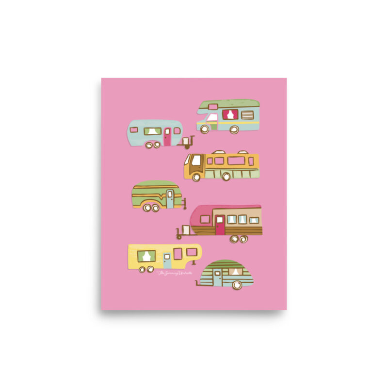 Seven nostalgic camper illustrations transformed from crayon drawings to digital art on a pink background - Pink Vintage Camper Art Print