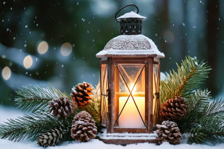 A close-up of a vintage lantern filled with battery-operated candles, surrounded by evergreen branches and pinecones on a snow-dusted outdoor table.