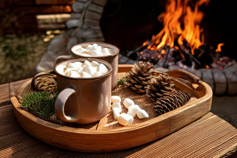 Rustic side table with hot cocoa and winter decorations by fire pit