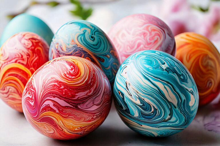 Vibrant marbled Easter eggs with swirling pastel patterns