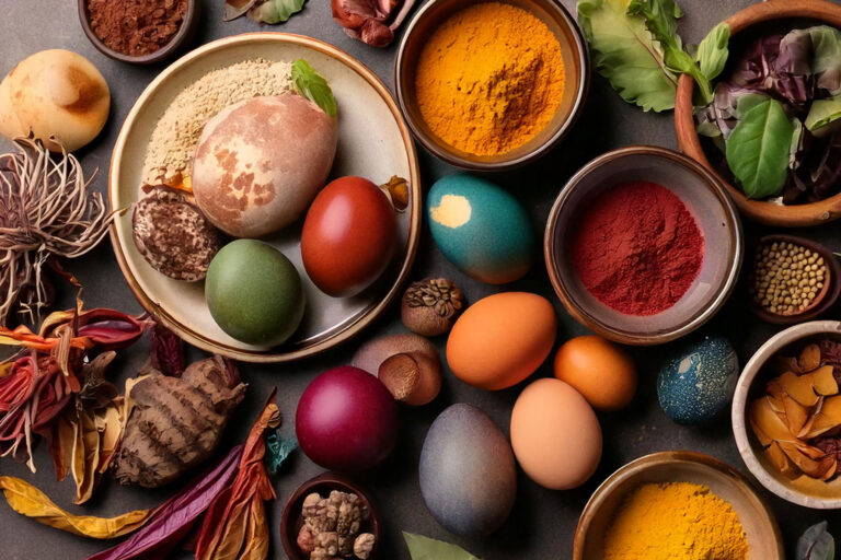 Naturally dyed Easter eggs with ingredients like onion skins, beets, and turmeric