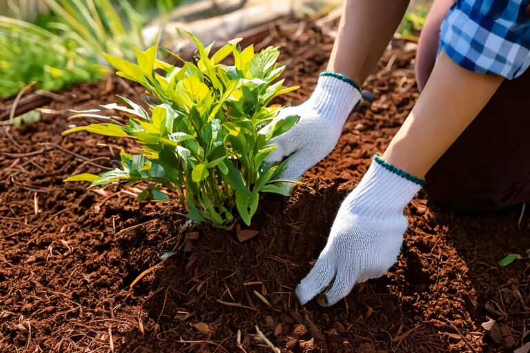 Checking soil moisture in a winterized raised bed with hardy plants