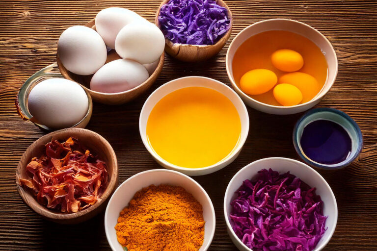 Bowls of natural egg dyes with white eggs on rustic table