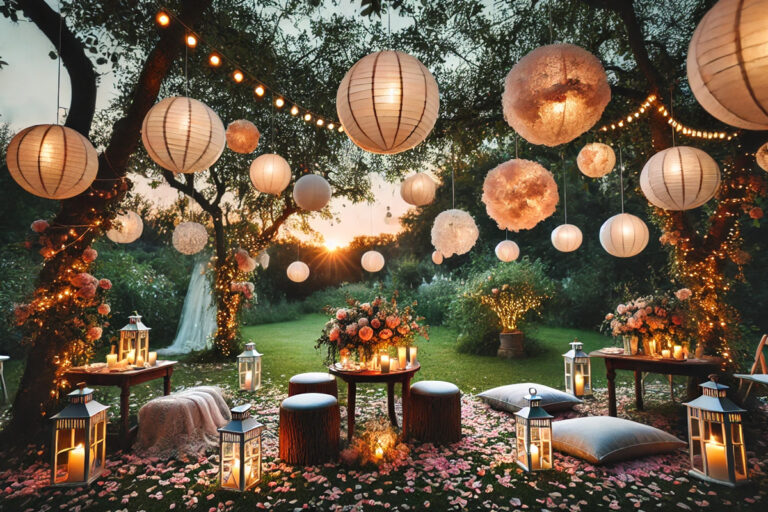 Enchanting garden party setup with glowing white and pink paper lanterns hanging from tree branches at sunset