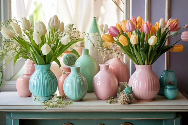 Charming spring mantel with pastel vases, tulips, and rustic sign