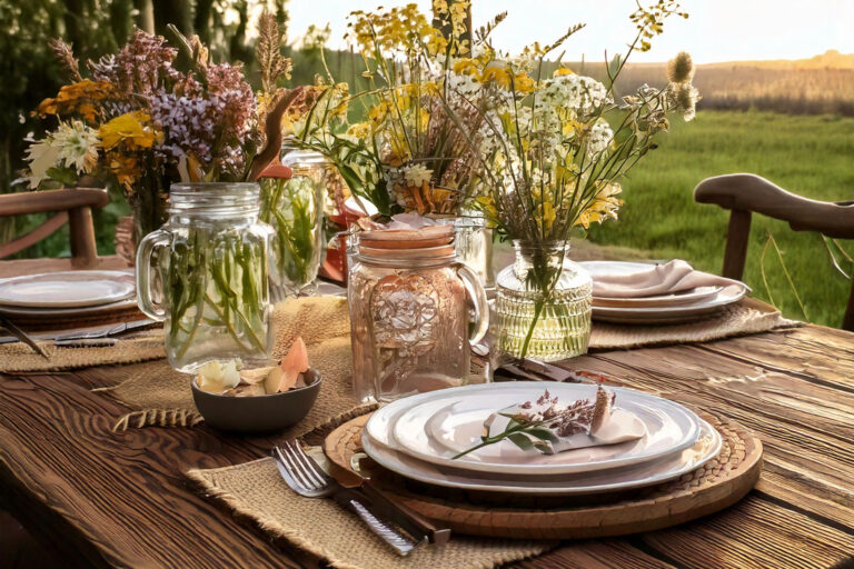 Rustic spring tablescape with mason jar centerpieces and pastel accents