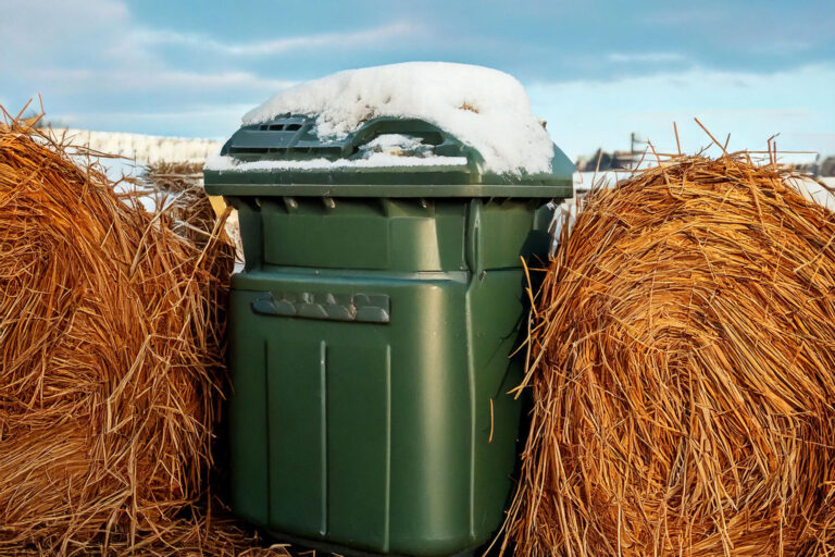 Insulated compost bin surrounded by straw bales with light snow