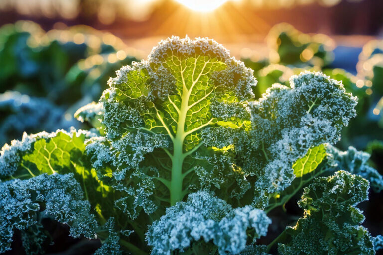 Macro shot of frost-covered kale leaves sparkling in sunlight.