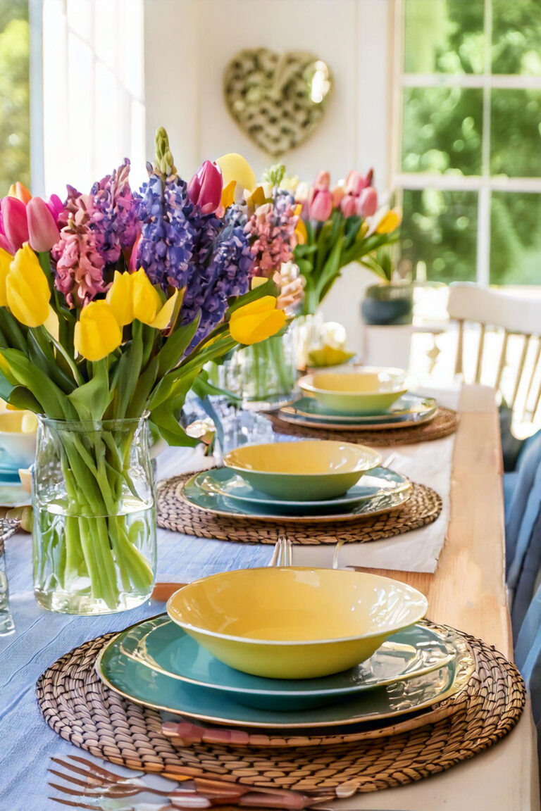 Colorful spring dining table setting with vibrant floral centerpiece