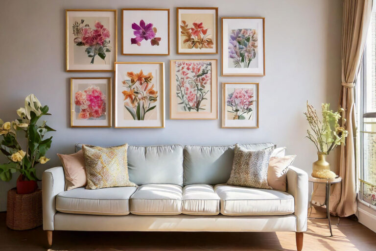 Gallery wall featuring pressed spring flowers arranged in white floating frames