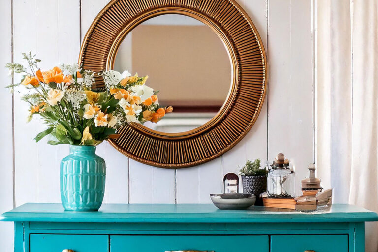 Bold teal dresser transformed into an entryway console with mirror