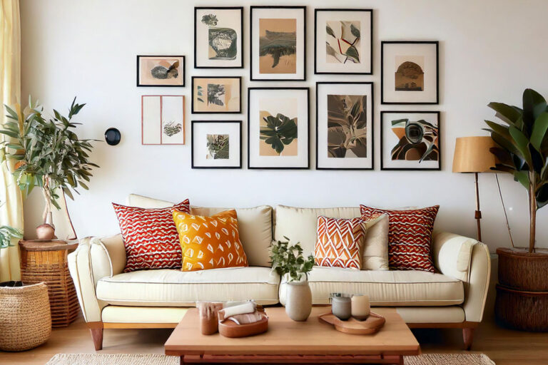 Eclectic gallery wall in a bright living room featuring diverse art and photos