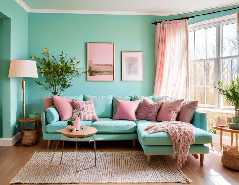 Bright spring-inspired living room with pastel colors and natural light