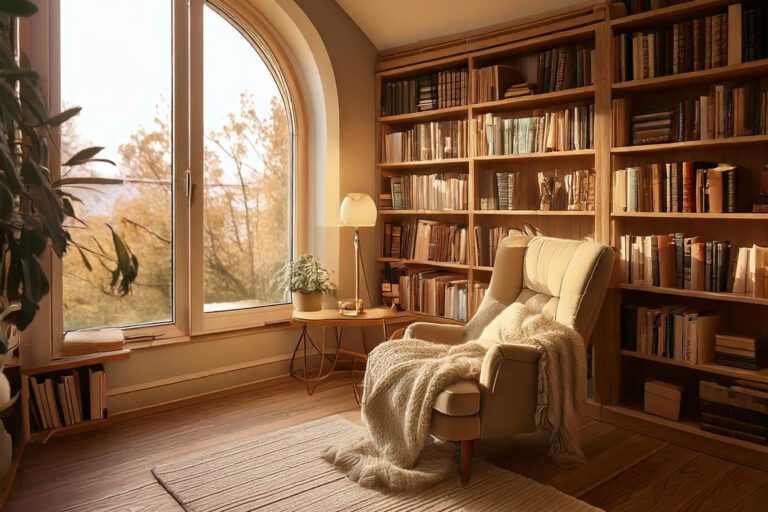 Cozy reading corner with V-shaped bookshelf, comfortable armchair, and warm lighting creating an inviting atmosphere