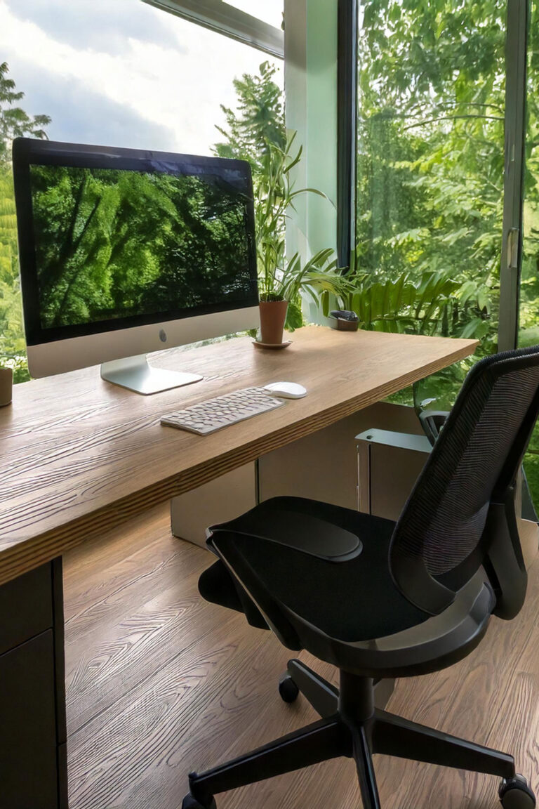 Ergonomic home office setup with proper positioning and natural elements