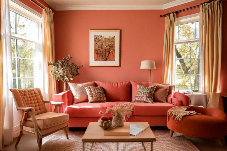 Cozy living room with coral and peach decor and terracotta accent wall