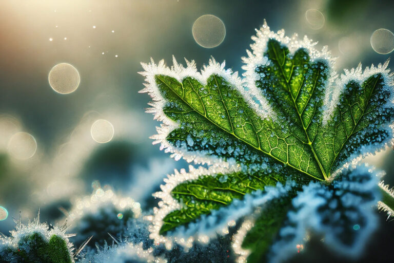 Delicate frost crystals forming intricate patterns on a green leaf edge in morning sunlight