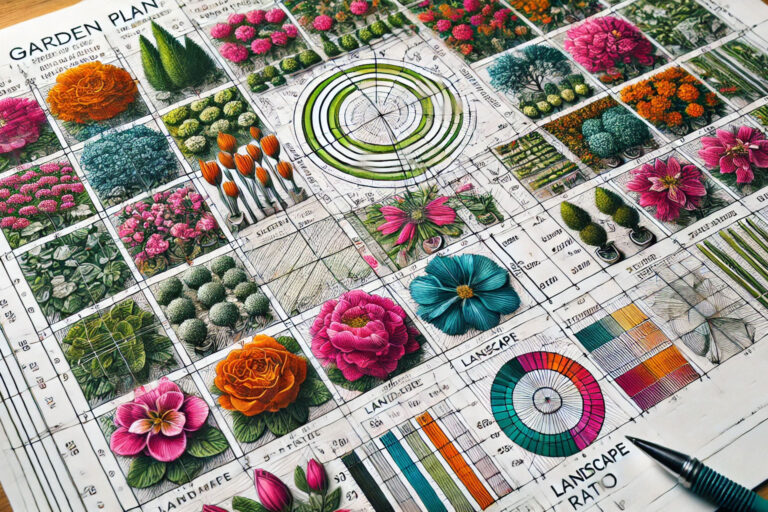 Detailed garden planning diagram with measurements and color-coded sections for optimal flower bed layout