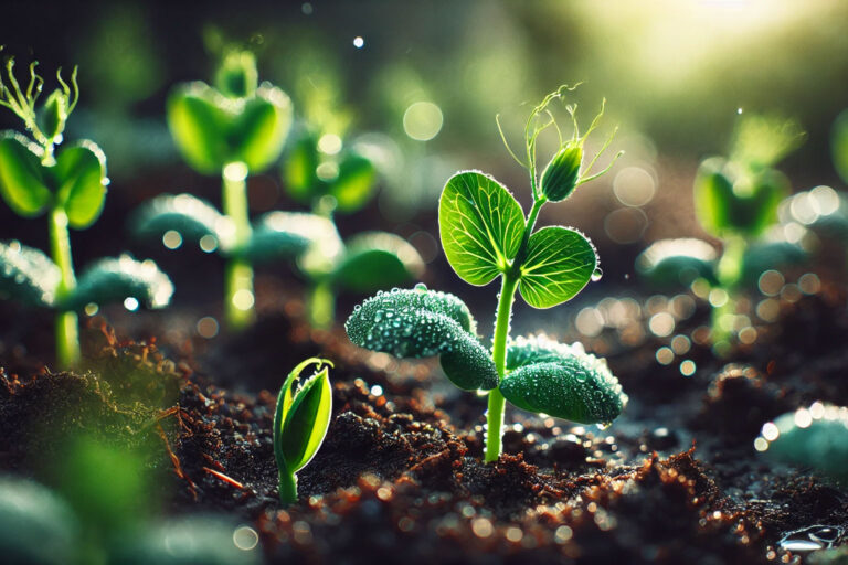 Fresh green pea shoots sprouting from rich garden soil with morning dew