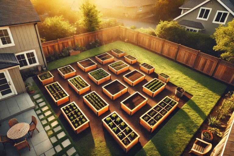 Overhead view of organized raised bed garden with neat pathways and young plants