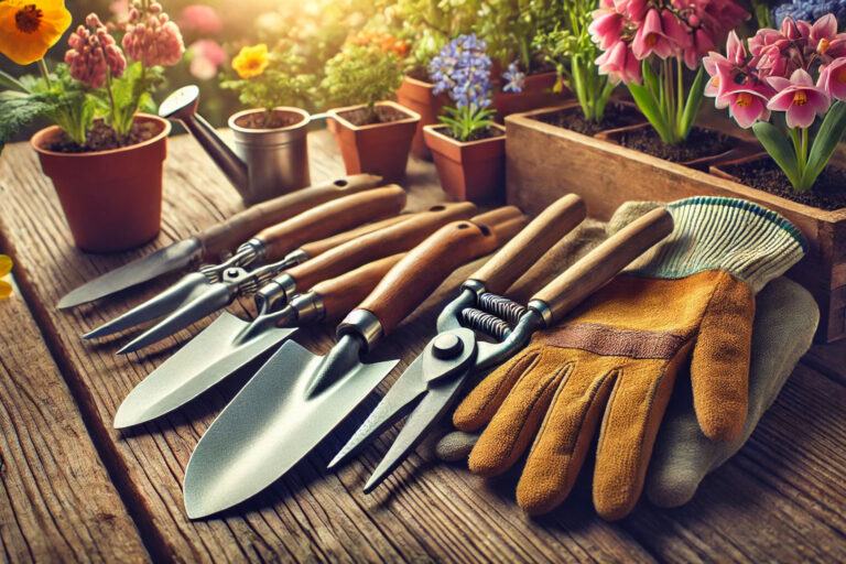 Essential spring gardening tools including trowel, shears, and gloves arranged on wooden table with flowers