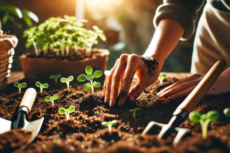 Gardener's hands carefully transplanting young seedlings into prepared garden soil