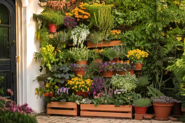 Vertical wall garden on a small patio with colorful herbs and flowers.